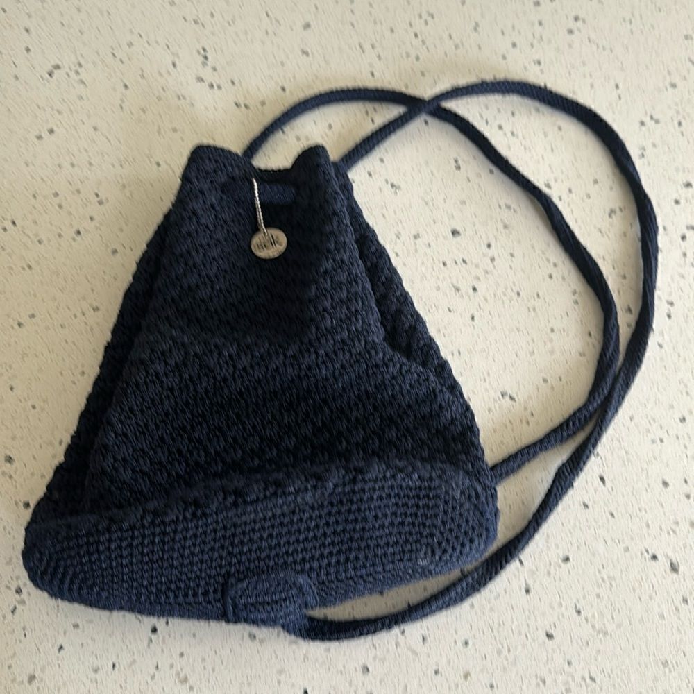 The Sak Crochet Navy Blue Backpack Drawstring Shoulder Bag Handmade EUC